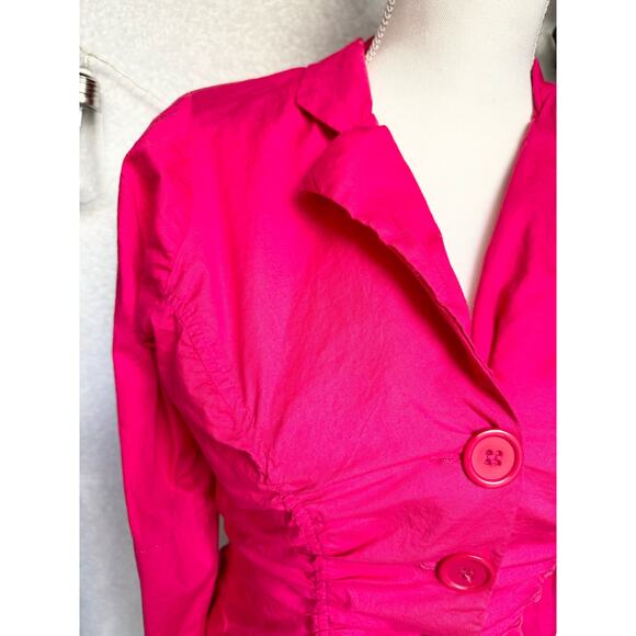Vintage Vixen Hot Pink Cotton 3/4 Sleeves Shoulder Pads Cropped Blazer Blouse - Picture 6 of 13